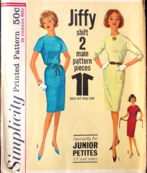 5042 Simplicity 1960s Jiffy Short Sleeves Sheath Dress, Tie Belt Pattern 11 Jr Petite 33B